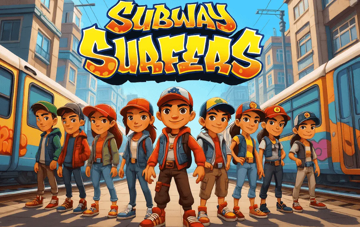 Subway Surfers mod APK blog image featuring main characters like Jake, Tricky, and Fresh