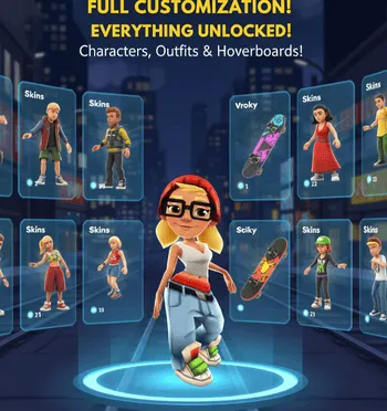 Subway Surfers mod APK showing full customization of characters, outfits, and hoverboards