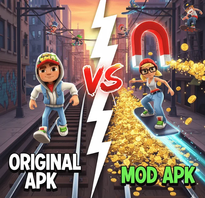 Comparison between original Subway Surfers and mod APK version
